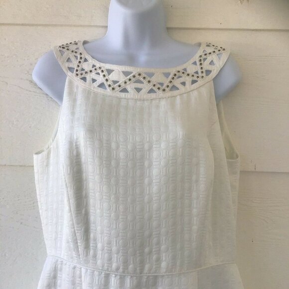Antonio Melani Women's Size 10 Ivory Sheath Lined Dress Lattice Beaded Neckline - Picture 2 of 12